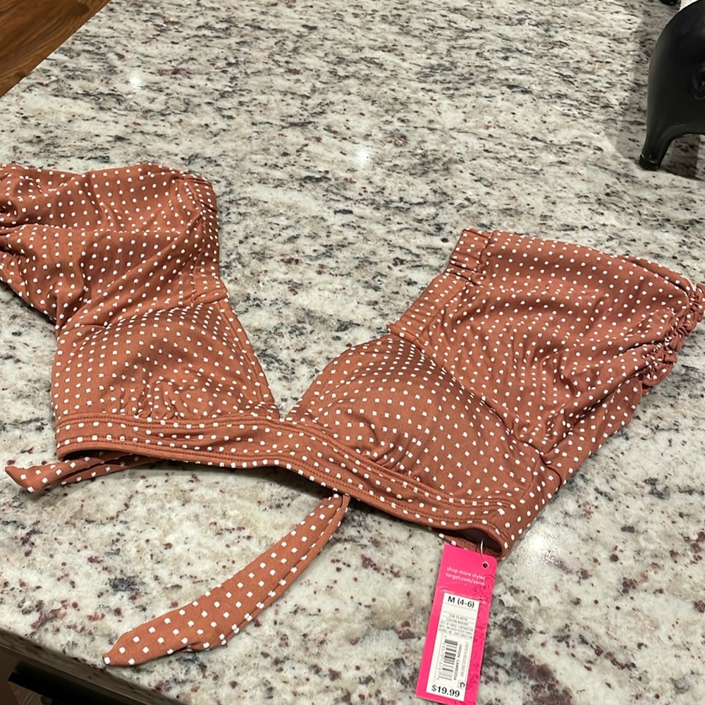 Women’s Medium Brown White Polka Dot Crop Swim Top